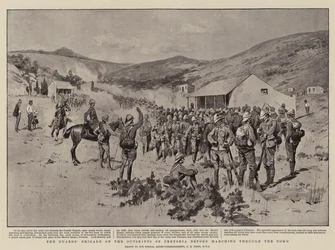Die Garde-Brigade am Stadtrand von Pretoria vor dem Marsch durch die Stadt